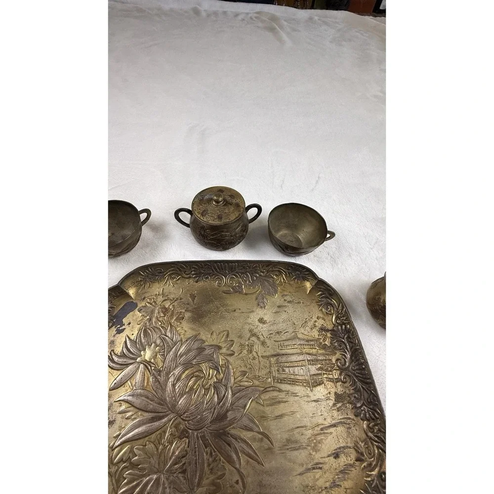 Vintage Japanese Brass Mini Tea Set Tray Teapot Cups Etched Floral Decor